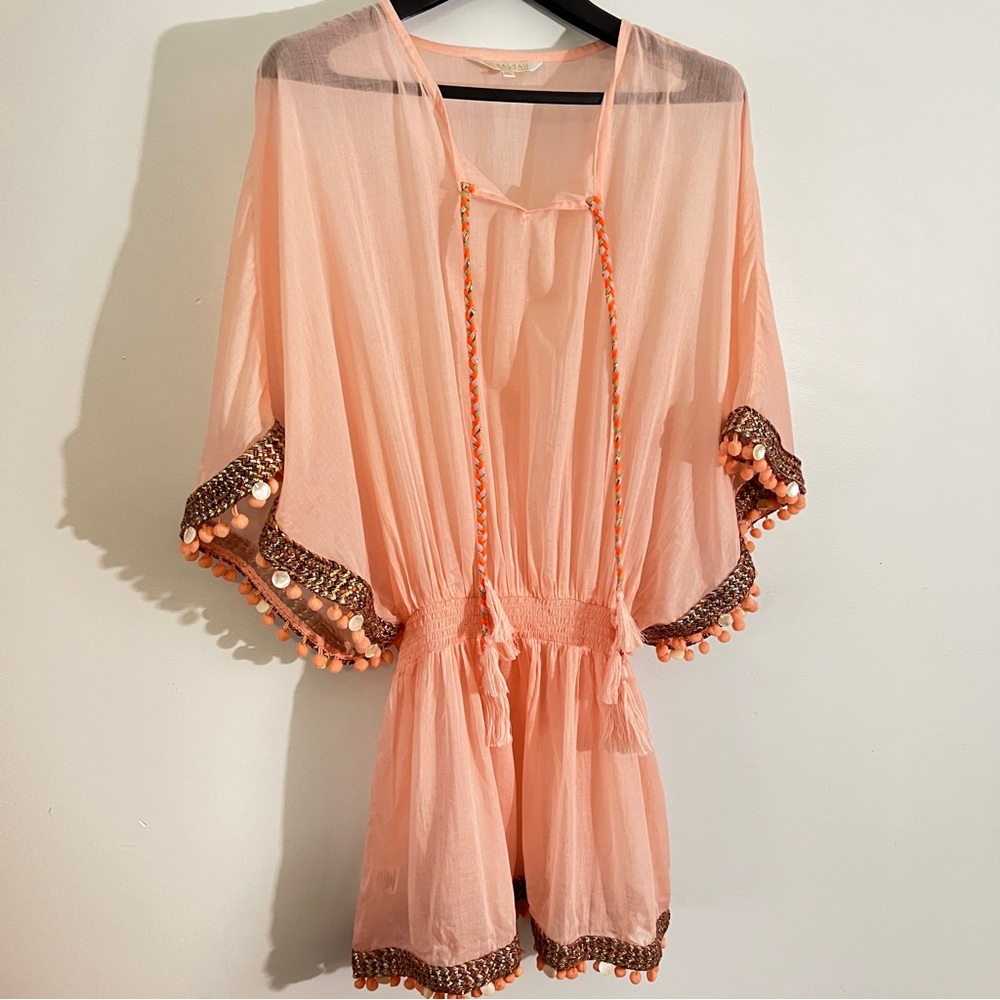 Shiraleah Pink Flutter Sleeve Pom Trim Swim Coverup One Size Boho Beach - Picture 6 of 16